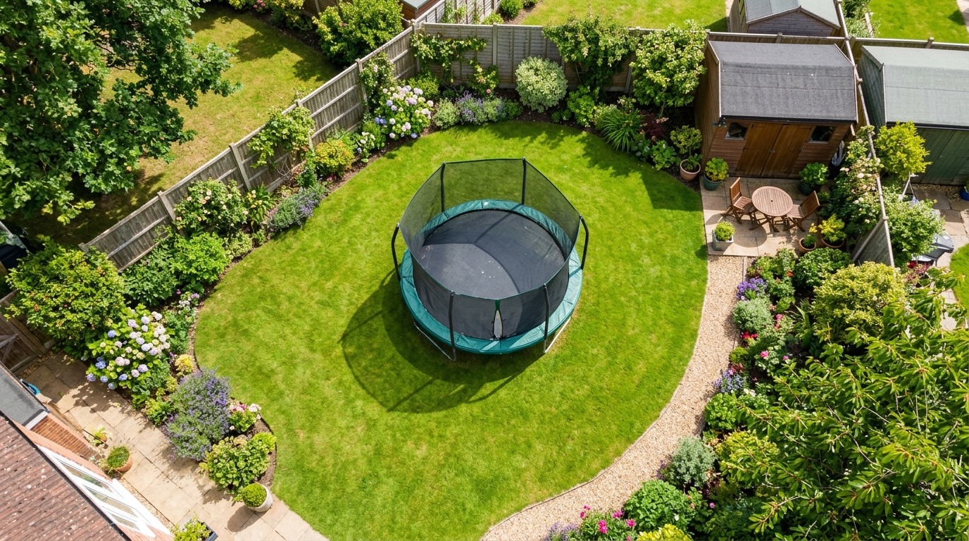 Drone shot of trampoline in garden Drone shot of trampoline in garden